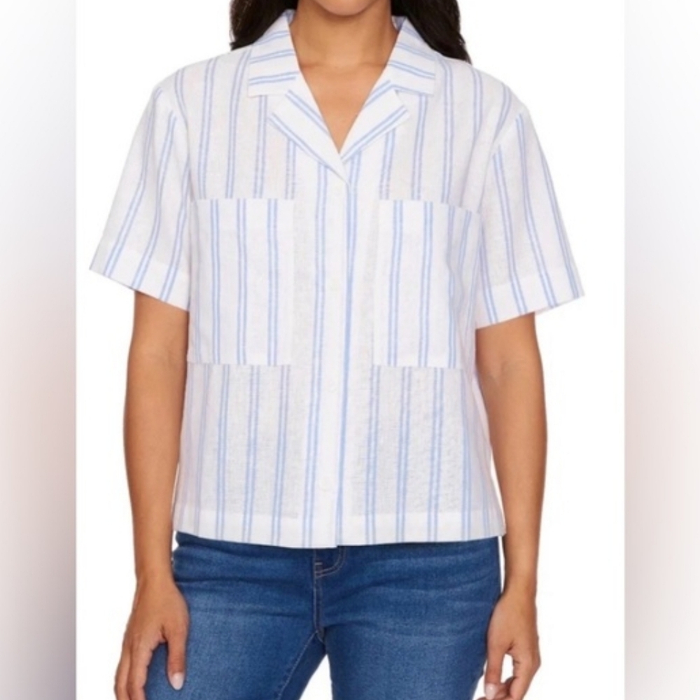 Buffalo David Bitton White and Light Blue Striped Short-Sleeve Camp Shirt